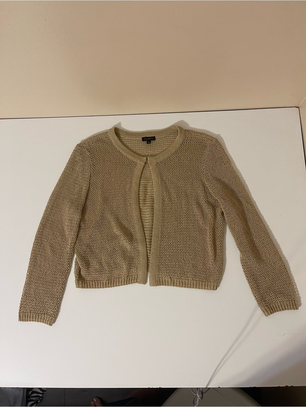 Talbots Light Beige Open-Front Cropped Knit Cardigan